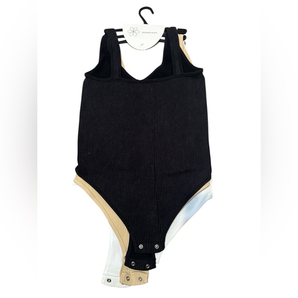3 Aura Ribbed Bodysuit Set - White, Black, Tan - Picture 2 of 4